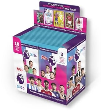 Topps Premier League 2026 - Debüt-Edition - Full Box - 28 Päckchen pro Box (280 Karten), 3 oder mehr Spezialeinlegekarten pro Packung.