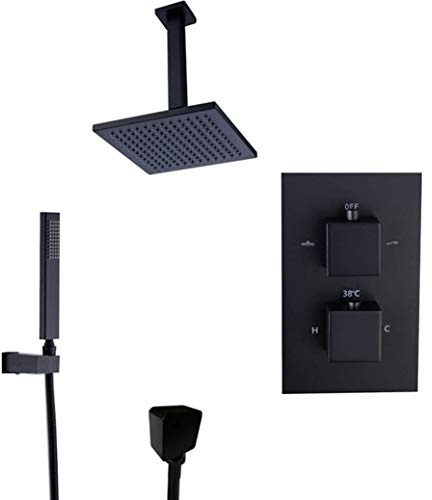 Miscelatore doccia per bagno di lusso termostatico in ottone nero montato a soffitto con doccia da 8-12 pollici di pioggia e asciugamano