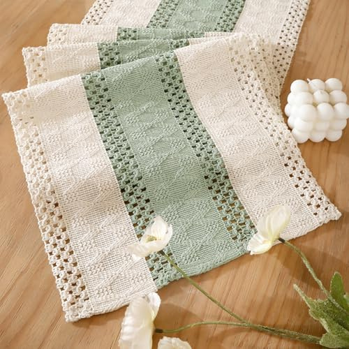 Tischläufer Eukalyptus Grün Makramee Boho Baumwollflachs Tischband 30 X 100 Häkelspitze Mesh Landhausstil Waschbar Läufer Tisch Modern Böhmische Dekoration für Küche Hochzeit Tabletop Dekor
