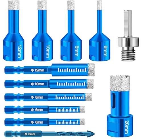 5 Pièces M14 Foret Diamant pour Carrelage 6/8/10/12/20mm+ 6 Pièces M6 Meche Carrelage 6/6/8/10/12mm + 1 M8 Adaptateur, Foret Diamant pour Béton, Marbre, Céramique, Granit