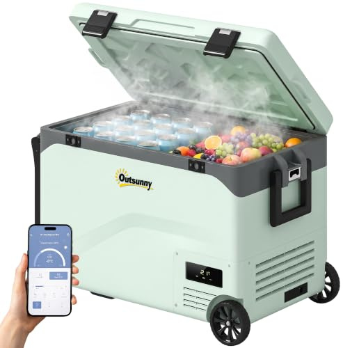 Outsunny Nevera Portátil Eléctrica 42,5L 12/24/240V Refrigerador de Coche | Con Compresor, Control por App Bluetooth, Luz LED, Modos ECO y MAX, -20℃ a +20 ℃, Asa Barra, Soporte Móvil, Ruedas para Casa