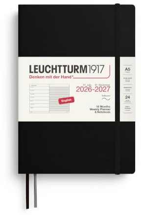 LEUCHTTURM1917 Agenda settimanale 2027 A5 con taccuino, a righe, agenda | 18 mesi, carta senza acidi da 80 g/m², tasca pieghevole, 2 segnalibri, elastico di chiusura