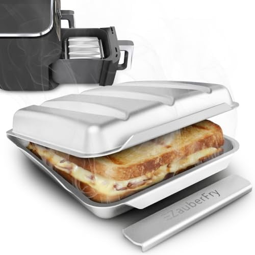 ZauberFry Sandwichmaker Form für Airfryer – Edelstahl Panini Toaster | Kompatibel mit Tefal, Ninja, Cosori, Philips, Edelstahl Heißluftfritteusen Zubehör, Panini Toaster Form, Grillstreifen-Optik