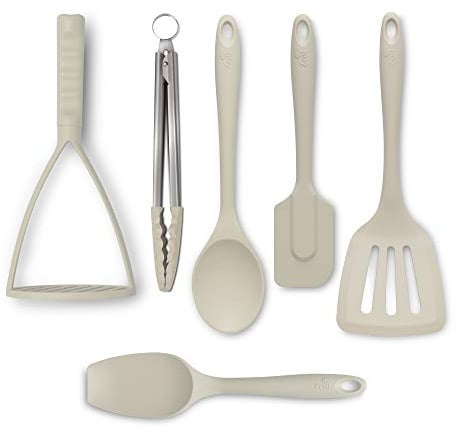 Zeal JSET47C Non-Stick Silicone Tongs, Turner, Spatula, Cooks Spoon, Spatula & Masher 6-Piece Set-Cream, Large