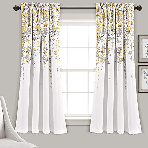 Lush Decor, Fenstervorhang, Motiv: Weinende Blumen, 132 cm B x 160 cm L + 5,1 cm Kopfleiste, Gelb und Grau – charmante, Moderne Vorhänge mit Blumenmuster für Wohnzimmer, Esszimmer, Schlafzimmer