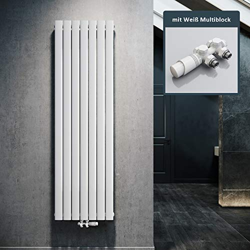 ELEGANT Design Heizkörper Flach 1800x539mm mit Weiß Multiblock Thermostat Flachheizkörper Weiß Einlagig Vertikal Heizkörper Mittelanschluss