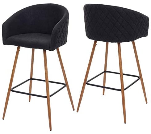 Mendler 2er-Set Barhocker HWC-D72, Barstuhl Tresenhocker Küchenhocker mit Lehne, Metall Holzoptik - Stoff/Textil, anthrazit-grau