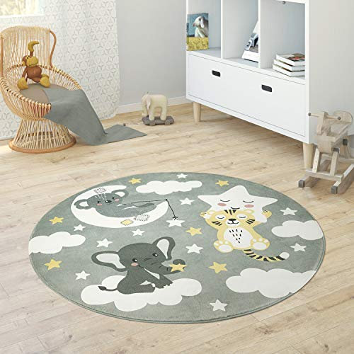 Paco Home Kinderteppich Teppich Rund Kinderzimmer Spielmatte Babymatte rutschfest Stern Mond Elefant Regenbogen, Grösse:Ø 150 cm Rund, Farbe:Grau
