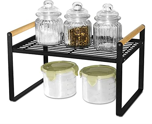 Kitchen Shelf Organiser,Spice Racks, Iron and Wooden Handle, Suitable for Home and Kitchen Storage, black(35 * 21 * 20)