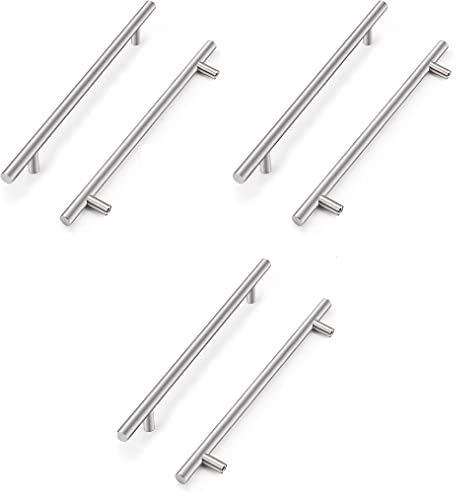 ANSIEDIO 6 Pack Cupboard Handles, Stainless Steel T Bar Kitchen Cabinet Handles Furniture Door Drawer Knobs Pulls (160mm Hole Centers)