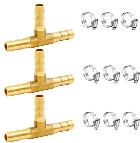 Tnuocke 3pcs 3/16 (5mm) Brass Tee Barb Fittings,3 Way Union Intersection Fitting T Shape Barbed Splitter Fitting Splicer with Hose Clamps for Water Fuel Air H-058-3/16