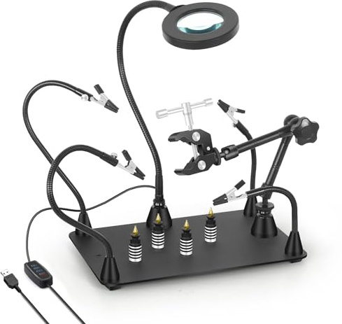 Helping Hands Soldering Circuit Board Holder Magnetic Third Hand Tools with 3X LED Magnifying Lamp, 360 Hot Air Gun Holder, Flexible Metal Arms Heavy Duty Base Electronic Repair Tool Magic Hand