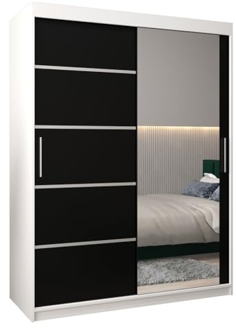 MEBLE KRYSPOL Kleiderschrank mit Spiegel Verona 2 - Garderobenschrank - Schrank Schlafzimmer - Mehrzweckschrank Zwei Schiebetüren - Regalen - Flur Möbel - Kleiderstange Schrank - Allzweckschrank