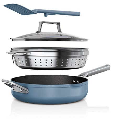Ninja Foodi 9-in-1 PossiblePan with ZEROSTICK, Steamer/Strainer, Spatula, Glass Lid, 3.8L, Induction Compatible, Oven Safe to 260°C, Blue Macaroon, CW102BLUK