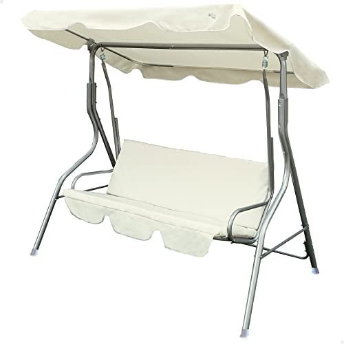Aktive 61113 - Columpio jardín exterior 3 plazas marfil | Toldo inclinable, asiento y respaldo acolchados | Balancín jardín exterior antideslizante | Medidas 170x110x153 | Muebles jardín exterior