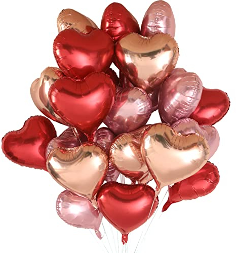 Vamei 24 Stück Herzluftballons Herz Folienballon Ø 46cm Herzform Folienballon Herz Helium Luftballon für Valentinstag Hochzeitsdeko Verlobung Geburtstag Party Dekoration (Rot+Rosa+Roségold)