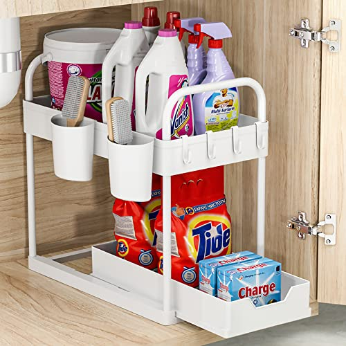 GEMWON Under Sink Storage Kitchen Organiser, 2 Tier Sliding Kitchen Storage Under Sink Shelf, Multi-Purpose Organisation for Bathroom, Bottom Slide Out Basket White