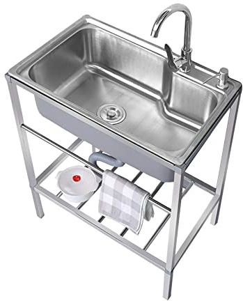Kitchen Sinks Lavello Cucina in Acciaio Inox Autoportante lavandino commerciale Singola 1 Scomparto con Rubinetto,Lavandino semplice da casa lavello autoportante lavamani portatile per Garage Cortile