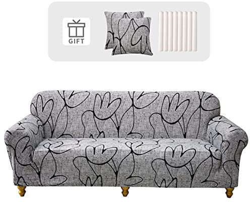 Lydevo Sofabezug 4 Sitzer Stretch Sofahusse Elastischer Sofabezug Spandex Sofa Überzug mit 2 Kissenbezug Anti-Rutsch Waschbar Sofa Protection Cover Schonbezug Couch,Graue Blume