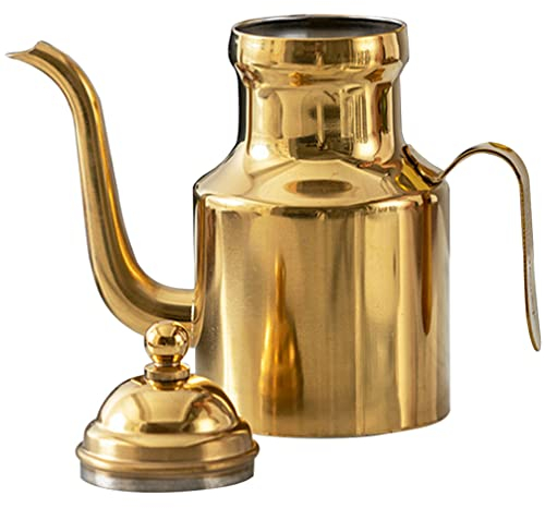 Cabilock Ölspender Essigspender Edelstahl Ölkanne Olivenöl Ölflasche Küche Kanne Ölbehälter Sojasauce Flasche mit Griff Edelstahl Öltopf Spender für Zuhause Restaurant Gold 11oz, 13.8X7.5X5CM