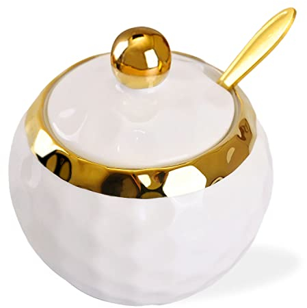 WHJY Sucrier en céramique avec couvercle et cuillère, motif golf, bol à sel en porcelaine, boîte à épices moderne, pot à assaisonnement pour la maison et la cuisine, café bar – Blanc