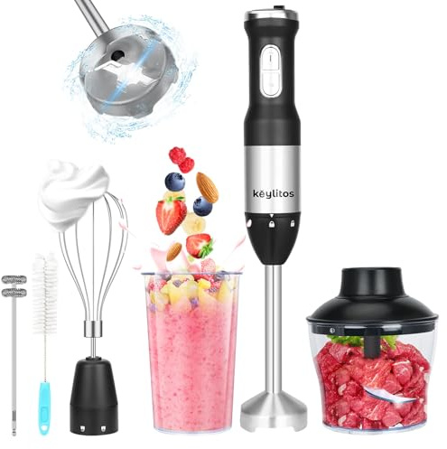Keylitos Mezclador de mano de inmersión 5 en 1, [actualizado] Licuadora de mano con picador de 600 ml, vaso de precipitados de 800 ml, batidor y espumador de leche para batidos, alimentos para bebés