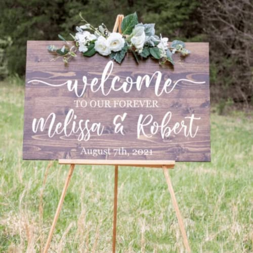jifu Personalized Custom Names and Date Decal Wedding Party Decor Welcome to Our Beginning,Welcome to Our Forever Sign, Rustic Wooden Welcome Wedding Sign, Vinyl Wall Art Decal (69x42cm)