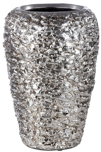 GILDE Jarrón de Suelo Grande XL de cerámica – jarrón de Flores Impermeable – Decoración navideña Plata – Fabricación Europea – Color: Plata Antigua Altura 40 cm Ø 30 cm