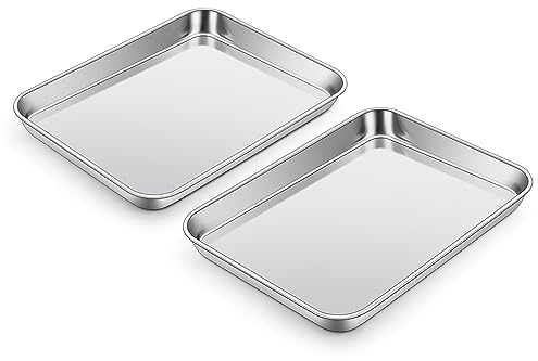 Joyfair - Juego de 2 bandejas de horno pequeñas de acero inoxidable para hornear, sartén grasa rectangular para hornear/asar/servir, saludable y no tóxico, apto para lavavajillas - 23,7 x 17,8 x 2,5