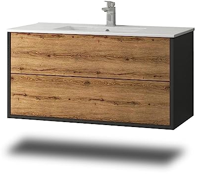 Stil.Zeit Evelia Badmöbel inkl. Waschbecken | Waschtisch mit Unterschrank 100.5 cm | Anthrazit/Dekor Eiche Sonoma| Push-to-Open/hängend