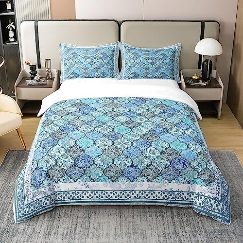 100% Natürliche Baumwolle Teal Boho Floral Bettwäsche Set Blau Grau Paisley Damast Floral Tröster Bezug 155x220 Marokkanisch Bohemian Bettbezug für Kinder Erwachsene Atmungsaktive Luxus Quilt Cover