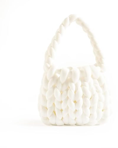 Kcvvcr Handgewebte Damen-Tragetasche, grobes Garn, gehäkelte Geldbörse, DIY-Knoten-Tasche, lässiger Griff, Schultertasche, Elfenbein
