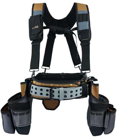 MELOTOUGH 28-Pocket Pro Framer's rig Combo Apron Tool Belt and Heavy Duty Padded Suspenders with Magnetic Desinger for Technician/Carpenter/and Electrician's Tools (Khaki)