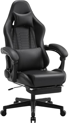 Fantasylab Gaming Stuhl 200kg, Gaming Stuhl Mit Fußstütze, 90-155° Rückenlehne Einstellbar Ergonomischer Gaming Stuhl, 360° drehbar, mit Lendenwirbelstütze, Schwarz
