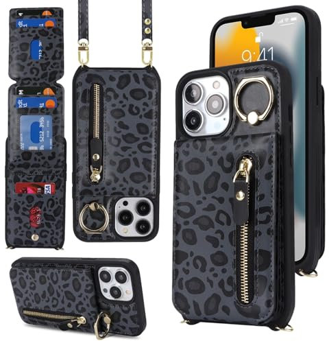 ZOUZT for iPhone 13 Pro Max Case with Card Holder and Strap, iPhone 12 Pro Max Wallet Case with 7 Card Slot PU Leather Zipper Crossbody Lanyard with Adjustable Necklace Ring Cover 6.7 - Black Leopard