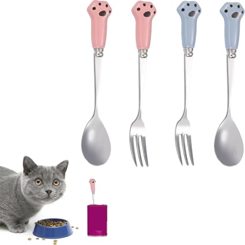 4Pcs Small Spoon Set,Cat Food Fork Set,Dog Food Spoon,Dog Food Fork,Cat Spoon,Pet Food Scoop,Cutlery Forks,Dog Food Spoon Stainless Steel,Perfect for Pet Feeding Wet Food (Blue+Pink)