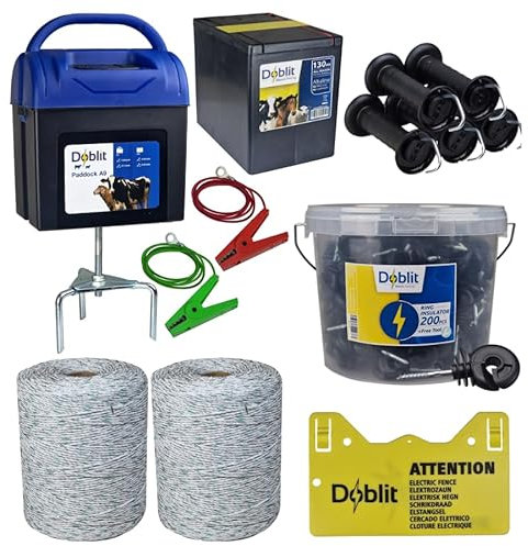 Doblit A9 Electric Fencing Kit | 1000m Fence Kit | A9 Paddock Energiser 0.25J & 130Ah Battery, 200pc Ring Insulator Bucket, 1000m Heavy Duty Poly Wire, Gate Handles and Warning Signs