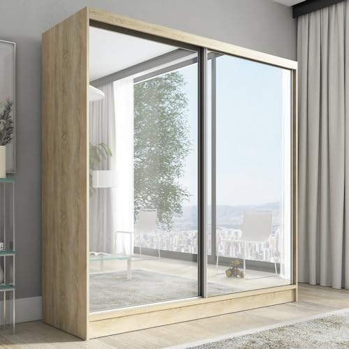 A&J MöbelLand Schwebetürenschrank Ivar Kleiderschrank 200 cm mit Spiegel und Schubladen, moderner Schlafzimmerschrank mit Schiebetüren (Sonoma)