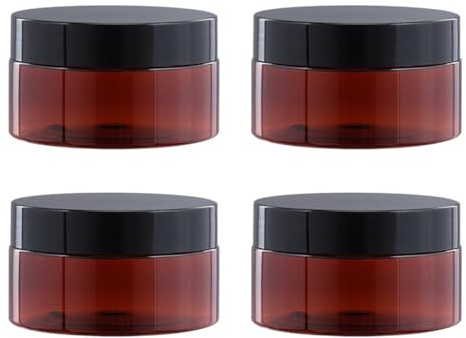 FSSTUD Lot de 4 pots de rangement vides en plastique ambré de 200 ml pour cosmétiques, lotions, pommades, pots à crème de voyage, anti-fuite, avec couvercle noir