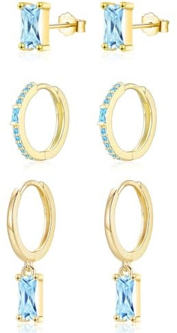 CERSLIMO Gold Earrings Set - Sterling Silver Huggie Hoop & Diamond Stud & Drop Earrings, Blue Tanzanite