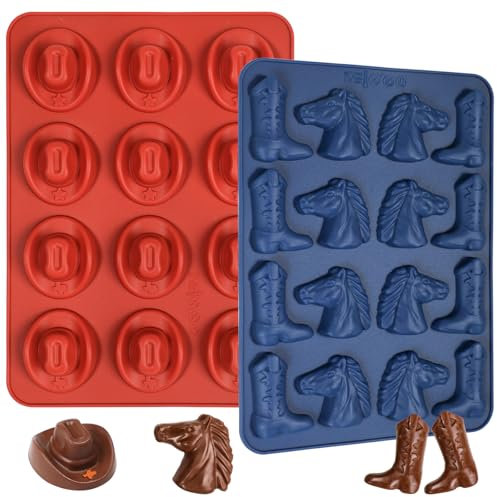 Webake Cowboy Chocolate Molds Shaped with Cowboy Hat, Cowboy Boot and Horse, Cowboy Silicone Mold for Cupcakes, Cakesicle Decorations, Western Themed Party, Pack of 2