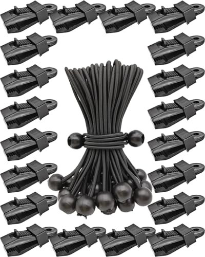 Tarp Clips Lock Grip, 40 Pack Tarp Clamps Heavy Duty and Ball Bungee Cords Set, Tent Clips with 6 Inch Bungie Cord Balls for Awnings Camping, Patio Umbrellas, Pool Awning Cover