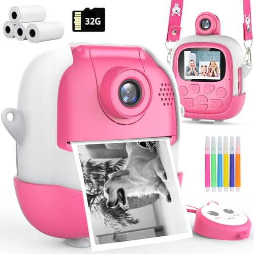 Camara Fotos Infantil Instantanea,Camara Fotos Infantil 1080P con Lente giratoria de 180°, 4 Rollos de Papel y Tarjeta de 32 G, Cámara Instantánea para Niños Regalo para niñas y niños de 3 a 14 años