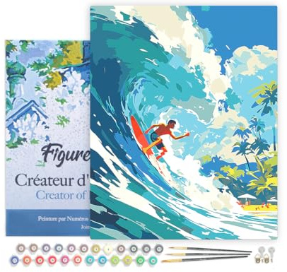 Figured'Art Peinture par Numéro Adulte avec Cadre Surf à Hawaï - Activité Manuelle Kit de Loisir Créatif DIY Numéro d'Art Complet - 40x50cm toile tendue sur châssis