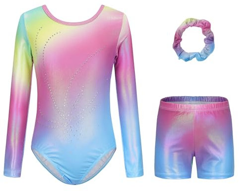 SEAUR Ragazze Ginnastica Leotards Body con Pantaloncini Danza Set per Bambina da 5 a 12 Anni Manica Lunga - 9-10 Anni