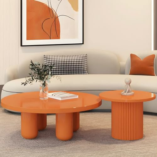 Italienischer nordischer Couchtisch-Set, rund, Podest, Holz, Cocktailtisch, kreativ, einfach, klein, Orange, 89,9 cm L x 89,9 cm B x 35,1 cm H + 50 cm L x 50 cm B x 39,9 cm H