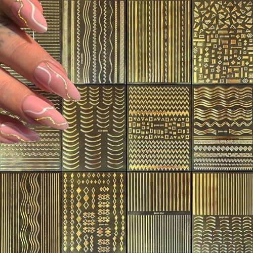 ASOMI 12 Blatt goldene Nagelaufkleber, Abziehbilder, goldene Linien, Nagelaufkleber für Nagelkunst, Nagelkunstaufkleber, 3D selbstklebende Metallstreifen