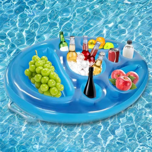 Tokenhigh Inflatable Floating Drink Holder, 8 Holes Pool Drink Tray, Snack and Cup Floating Holder Large Capacity, PVC Floating Beer Holder, Floating Coasters for Pool Party, Water Fun, Beach (Blue)