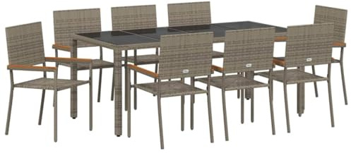 vidaXL Garden Dining Set 9 pcs Grey 190 x 90 x 75 cm Poly Rattan, Garden and Terrace, Modern Outdoor Dining Set, Contemporary Patio Table and Chairs, Wicker Lounge Furniture, Alfresco Collection