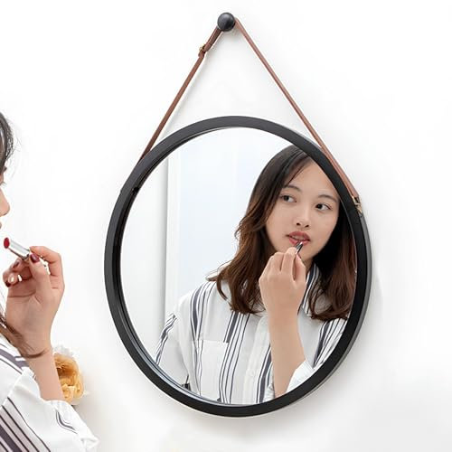 Petit Miroir Mural Rond, Cadre en Bambou, Miroir de Maquillage avec Sangle en Cuir réglable, pour décoration Murale de Maison, Salle de Bain, Salon, Chambre à Coucher, entrée (Noir, 38 cm)